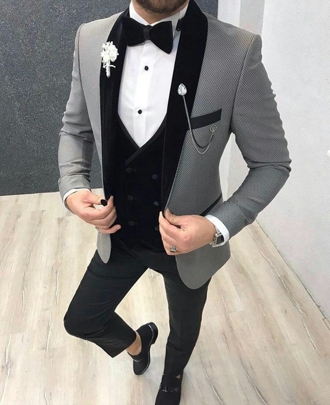 handsome mens suits three piece tweed suit herringbone shawl lapel custom made groom tuxedos wedding prom dress jacket pants vest
