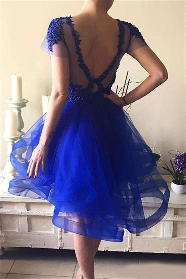 Elegant Jewel Neck Lace Beaded Ruffles Homecoming Dresses 2020 Backless Tulle Short Sleeve Graduation Dress Royal Blue Short Prom Party Gown