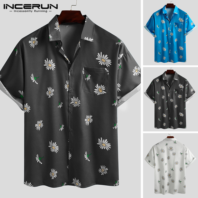 INCERUN Flower Print Men Shirt Short Sleeve Streetwear Loose 2020 Casual Summer Fashion Chic Hawaiian Shirts Mens Beach Camisa, Black