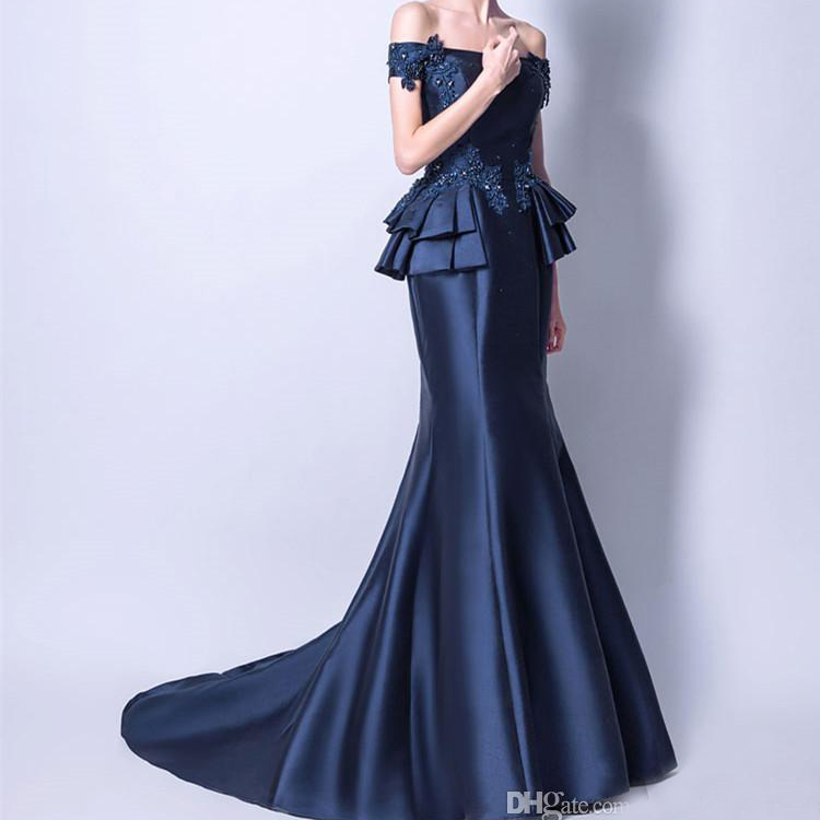 New Chic Navy Blue Mermaid Evening Dresses Sweep Train Off Shoulder Prom Dresses Beads Lace Women Formal Gowns