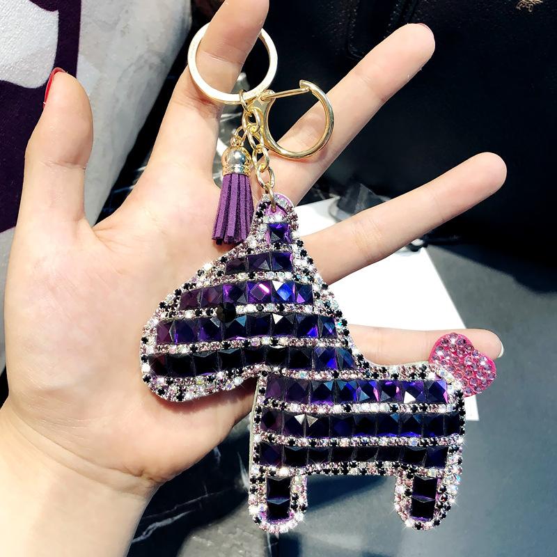 Horse Pony Animal Key Chain Crystal Rhinestone Pendant Keychain For Girl Women Leather Trinket Sparkle Metal Key Ring Bag Charm