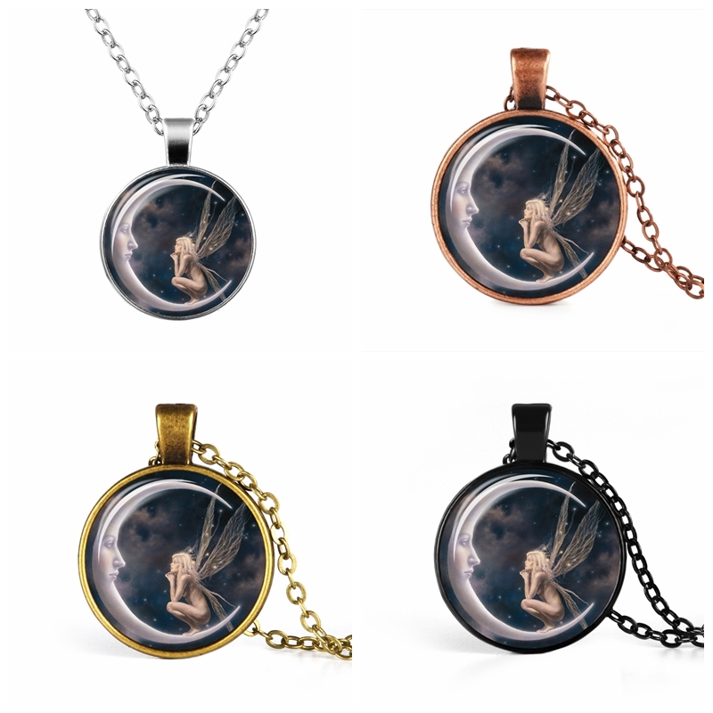 Fairy In Moon Photo Necklace Angel On Moon Art Photo Glass Cabochon Pendant Necklace Fashion Jewelry Chain Necklace