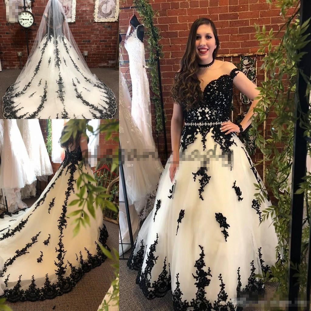 Black Lace Applique White Organza A-e Dresses Capped Sleeves Sheer Neck Cathedral Train Wedding Bridal Gowns