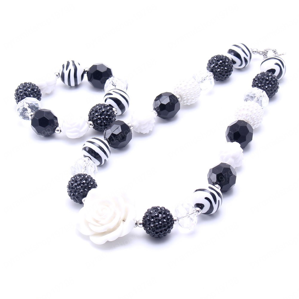 Kids Girls Chunky Beads Necklace Bracelets Cute White Rose Flower Child Baby Chunky Beads Jewelry Set For Party New