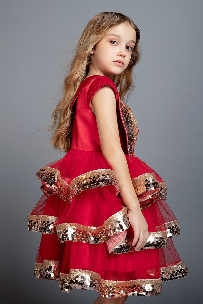 Shiny Sequins Flower Girls Dresses Red Tulle Tiered TuTu Girls Pageant Gowns Cute Puffy Prom Wedding Dresses