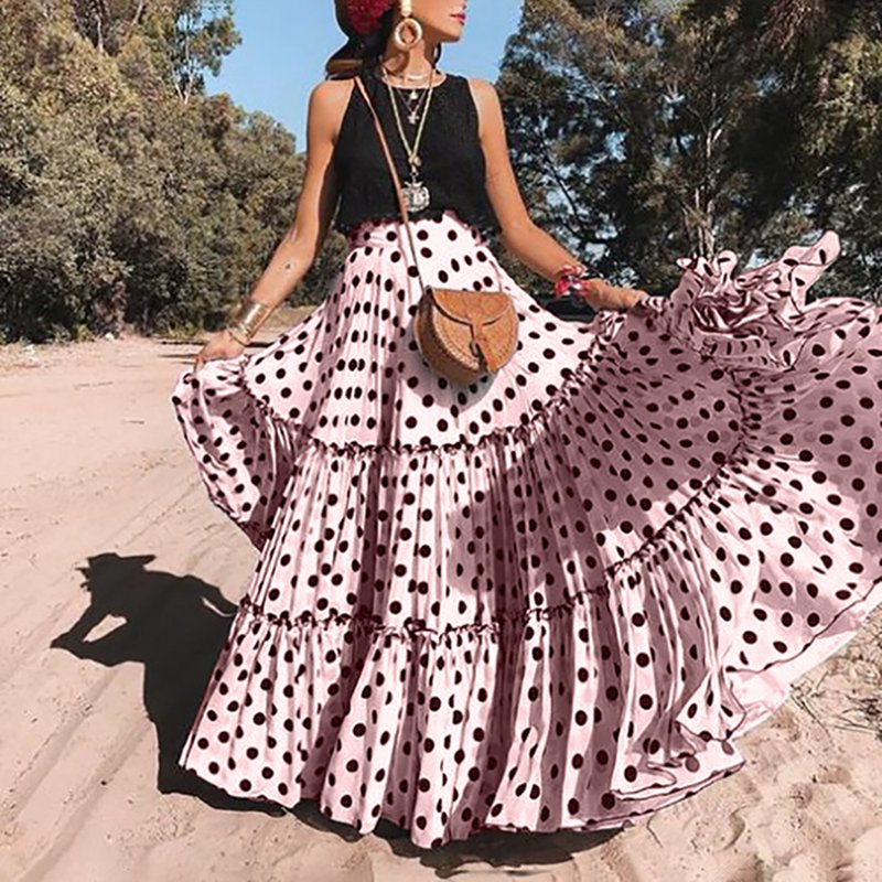 LASPERAL 2020 Draped Dots Print Women Long Skirts High Waist Bohemian Long Skirts Holiday Beach Wear Plus Size S-5XL Maxi Skirt