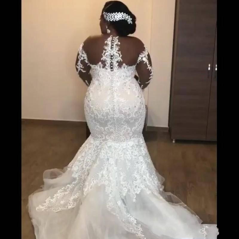 2019 African Plus Size Mermaid Cheap Wedding Dresses Off Shoulder Sheer Neck Lace Appliques Beaded Long Sleeves Court Train Bridal Gowns