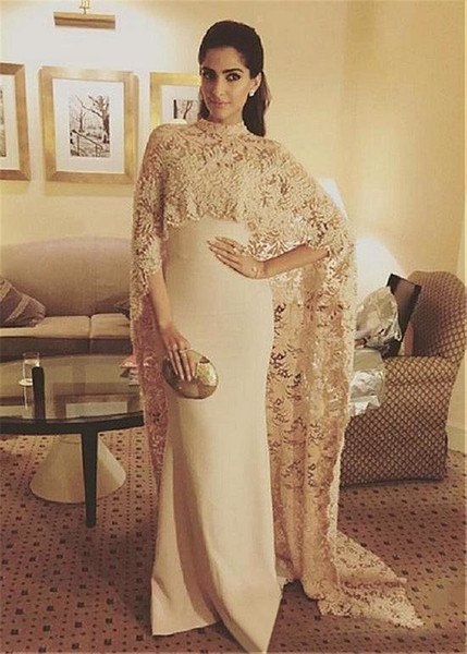 Elegant Lace Mermaid Evening Dresses Arabic High Neck Prom Gown With Cape Sweep Train Satin Formal Dress