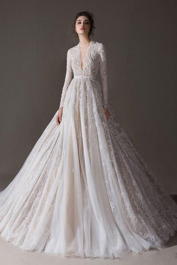 Backless Graceful Lace Wedding Dresses Deep V Neck Long Sleeves Bridal Gowns A Line Court Train Tulle Robe De Marie