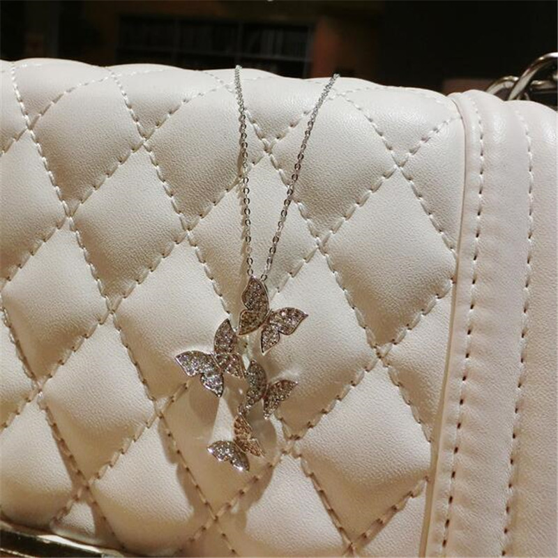 New Arrival Classical Fashion Jewelry 925 Sterling Silver&Rose Gold Fill Pave White Sapphire CZ Diamond Butterfly Pendant Women Necklace