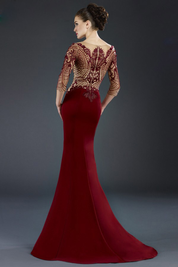 Sexy Janique Mermaid Mother of The Bride Dresses Jewel 3/4 Long Sleeve Lace Applique Crystal Wedding Guest Dress Sweep Train Evening Gowns