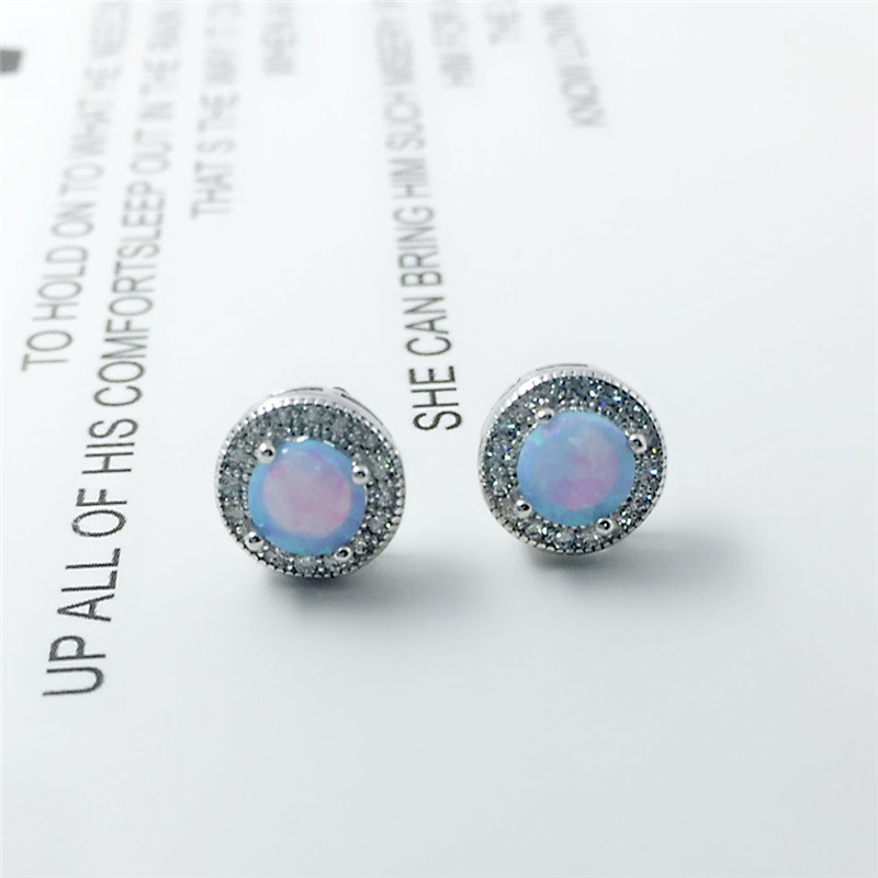 New Simple 925 Sterling Silver Stud Earrings Round Blue Fire Opal Earrings with Cubic Zirconia Wedding Jewelry Gift