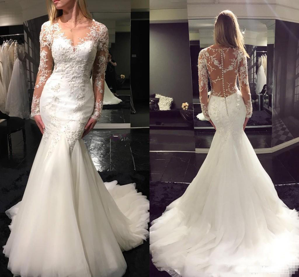Modest Long Sleeves Mermaid Wedding Dresses Sheer Neck Appliques Tulle Illusion Back Sexy Bridal Gowns African Arabic Wedding Gowns