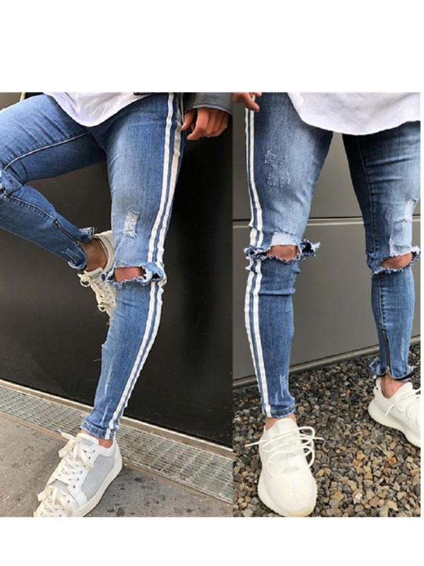 Skinny Jeans Men Streetwear Destroyed Ripped Jeans Homme Hip Hop Broken male Pencil Biker Side stripe Patch Pants, Blue
Skinny Jeans Men Streetwear Destroyed Ripped Jeans Homme Hip Hop Broken male Pencil Biker Side stripe Patch Pants, Blue