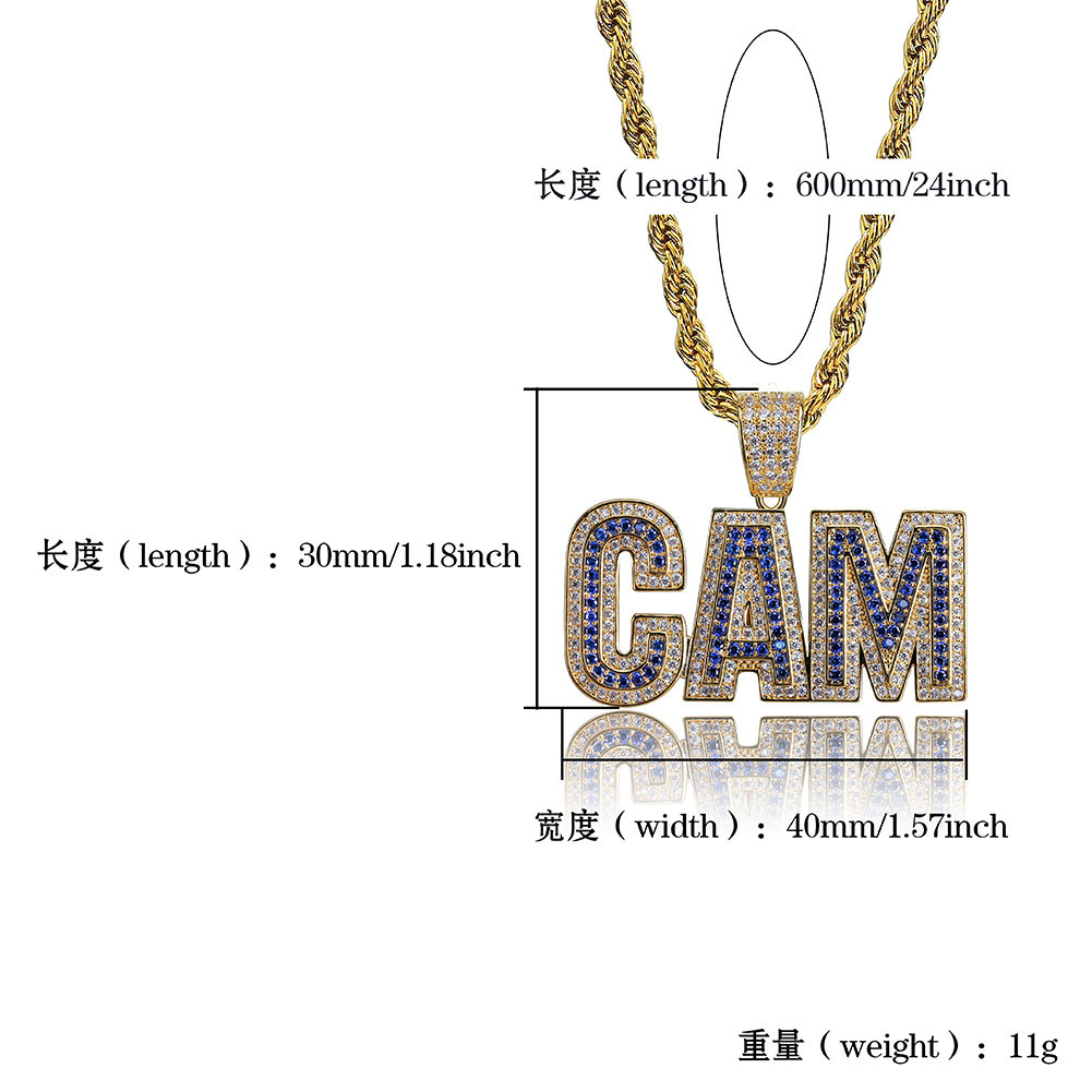 18K Gold and White Gold Plated CZ Cubic Zirconia Initial CAM Pendant Chain Necklace Hip Hop Rapper Jewelry Gifts for Men & Women Wholesale