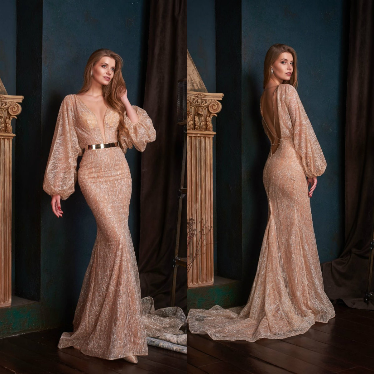 mermaid evening dresses jewel long sleevels appliqued lace sequins sweep train formal party gown backless evening gown