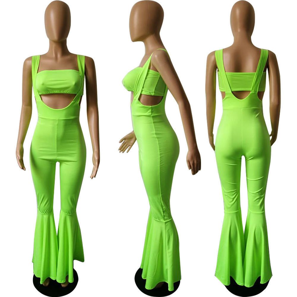 HAOYUAN Neon Green Rose Two Piece Set Summer Clothes for Women Crop Top and Flare Pant 2 Piece Matching Sets Sexy Club Outfits