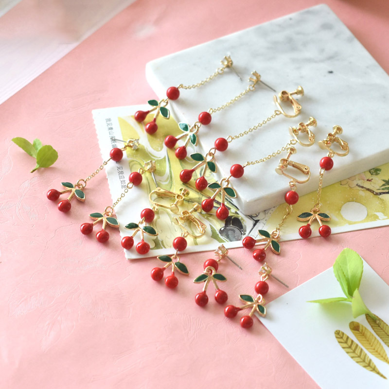 Fashion-Earrings For Women 925 Silver Fruit Ear Studs Long Cherry Earrings Clips Enamel Jewlery Wholesale