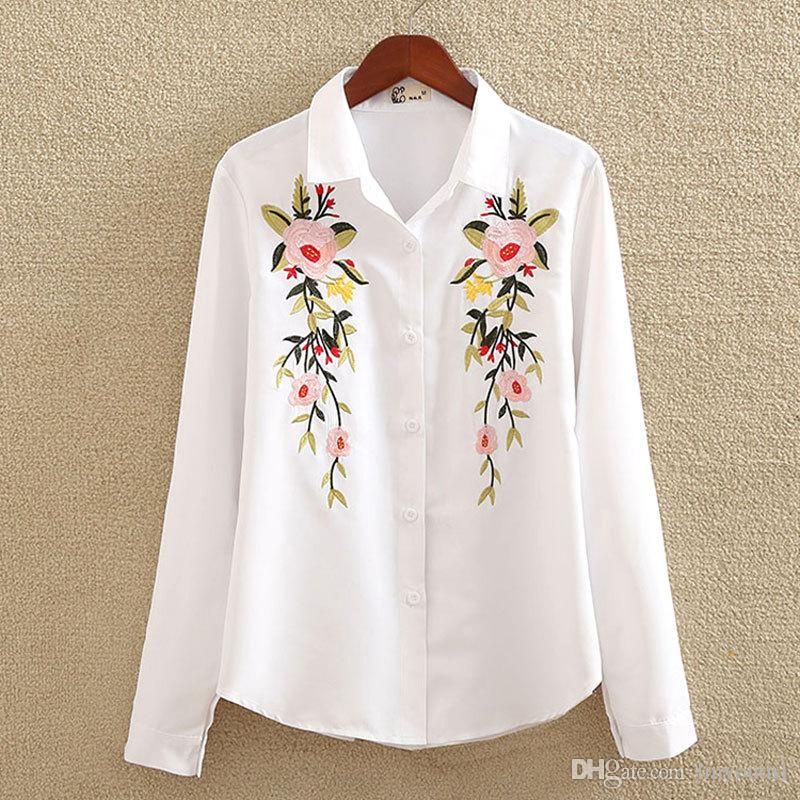 2020 Long Sleeve Floral Women Embroidered Blouse White Elegant Turn-down Collar Office Women Casual Blouse 2019 Spring New Top