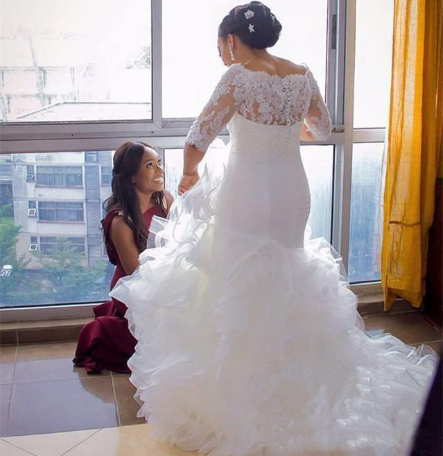 Robe De Mariage African Mermaid Plus Size Wedding Dresses Half sleeve Lace Tiered Cascading Ruffles Skirt Bridal Gowns