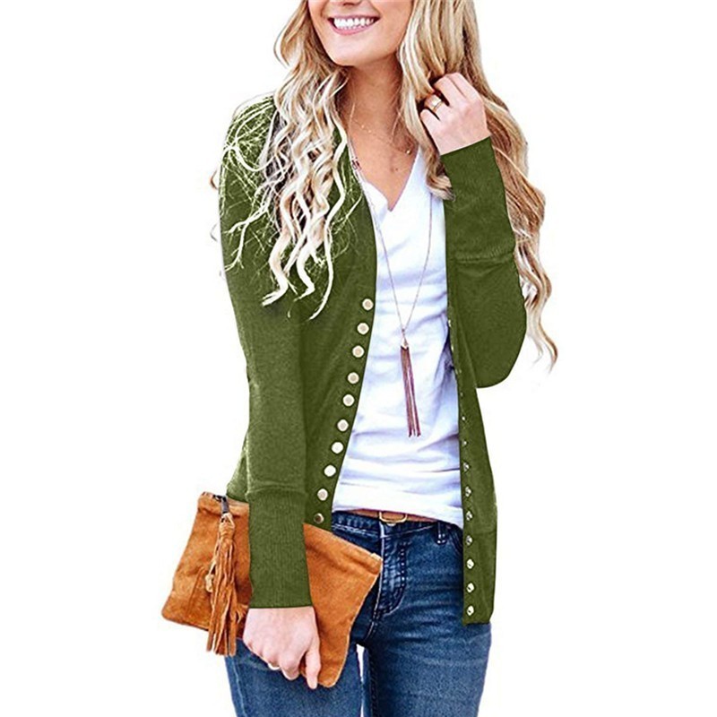 Women's Snap Button Cardigan Ladies Autumn Long Sleeve Black Elegant Open Slim Sweater Knit Coat