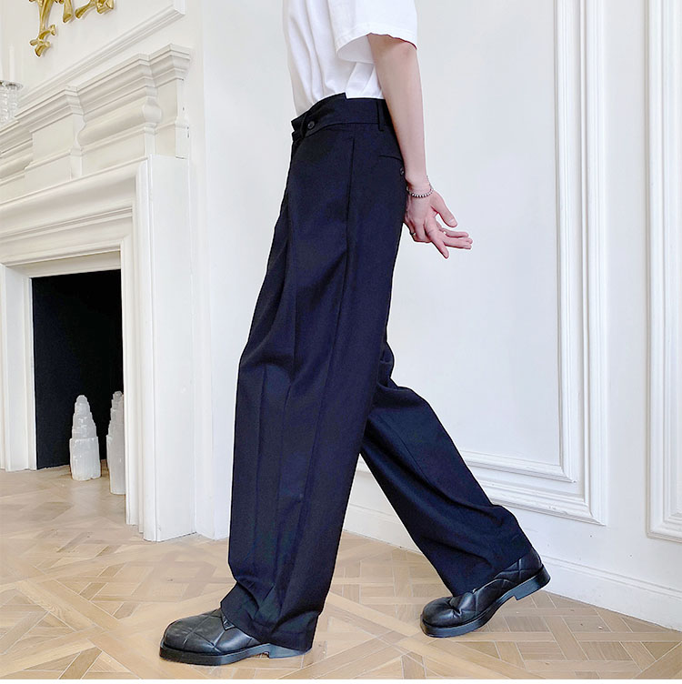 Men Cotton Blend Wide Leg Casual Long Suit Pants Streetwear Fashion Show Trousers Black Drawstring