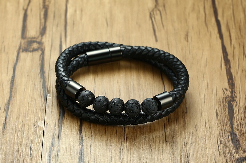 Black Braided Microfiber Leather Charm Bracelet Natural Lava Stone Beaded Bracelet Men Health Magnet Buckle Jewelry7441242