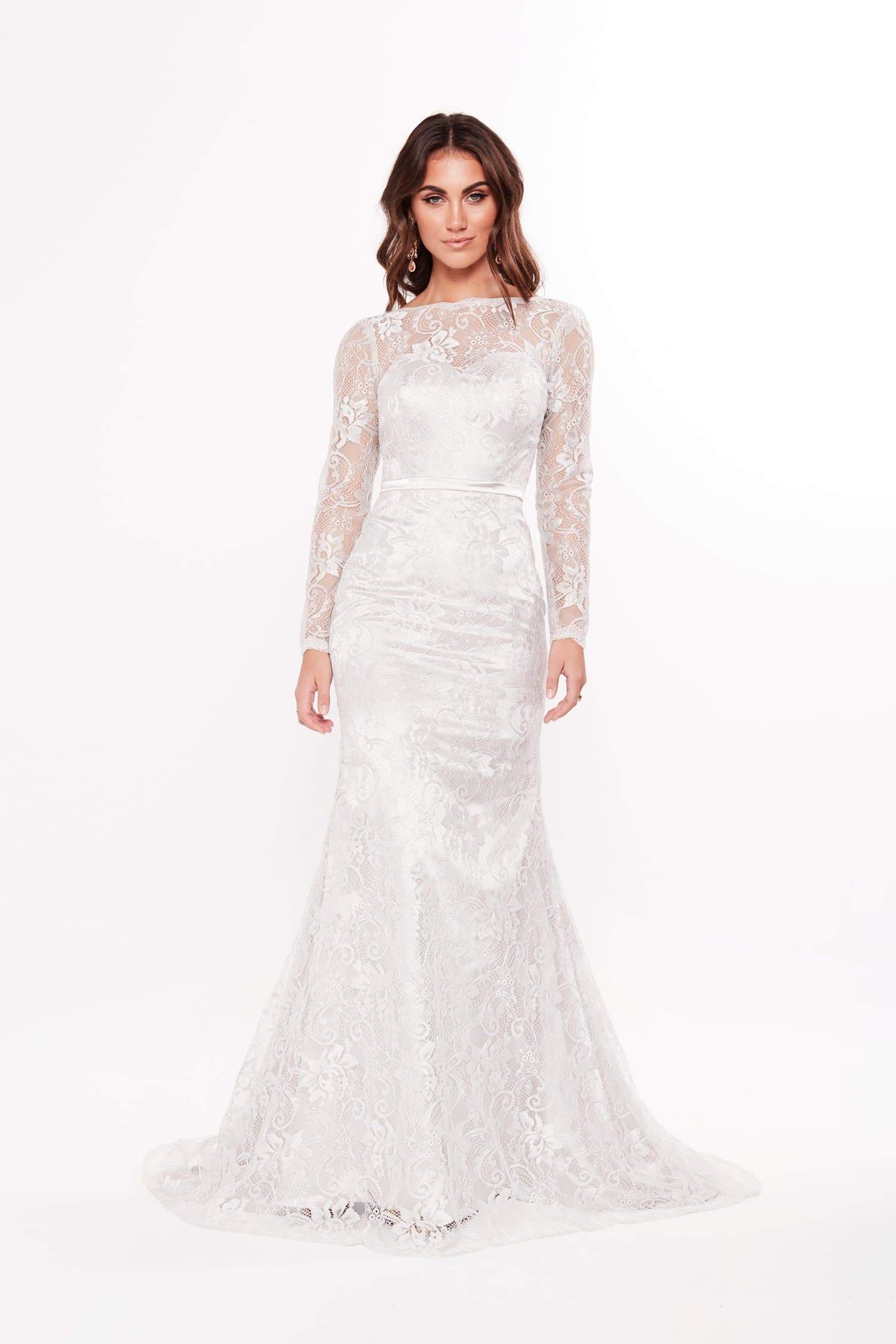 Elegent Mermaid Rita Vinieris Wedding Dresses Jewel Neck Long Sleeve Applique Sash Wedding Gown Sweep Train Custom robe de mariée