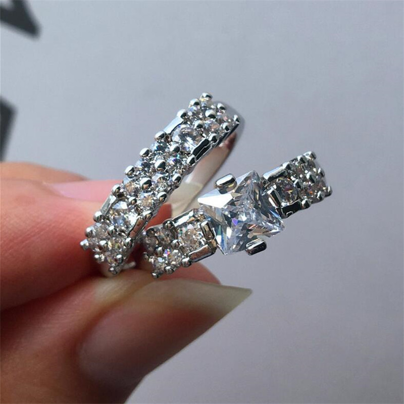Size 6-10 Luxury Jewelry 925 Sterling Silver Princess Cut Gold Color White Topaz CZ Diamond Eternity Women Wedding Couple Ring Set Gift