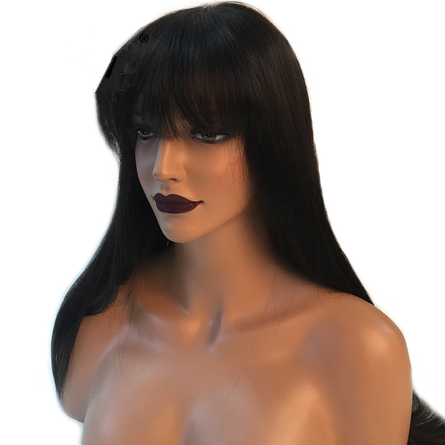 Charming Natural Black Long Silky Straight Full Lace Wigs with Bangs Heat Resistant Glueless Synthetic Lace Front Wigs for Black Women