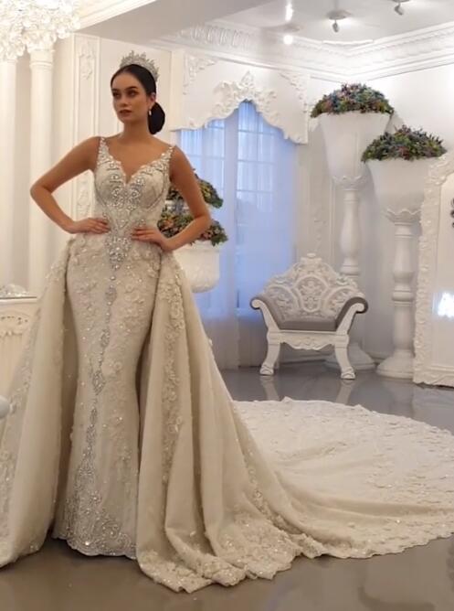 Rhinestones Overskirt Mermaid Wedding Dresses Court Train 3D Floral Appliqued Beads Crystal Wedding Dress Detachable Train Robes De Mariée