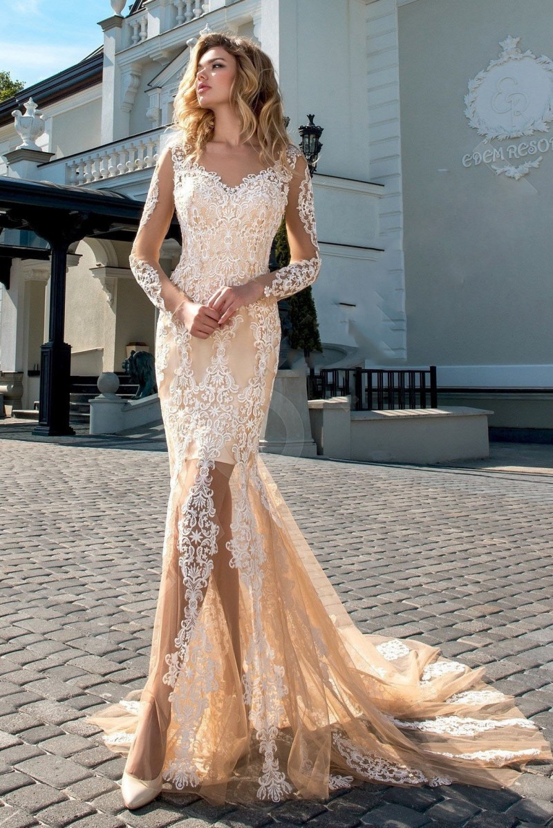 champagne illusion mermaid wedding dresses lace appliqued sheer v neck long sleeve bridal gowns country boho beach wedding dress