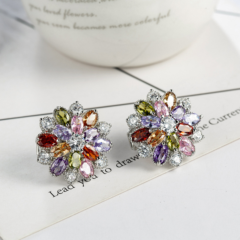 LuckyShine Trendy Women Ear clip colorful Cubic Zirconia Cz Flower 4 Color 925 sterling Silver plated Earrings 3 Pair/Lot Free Shipping