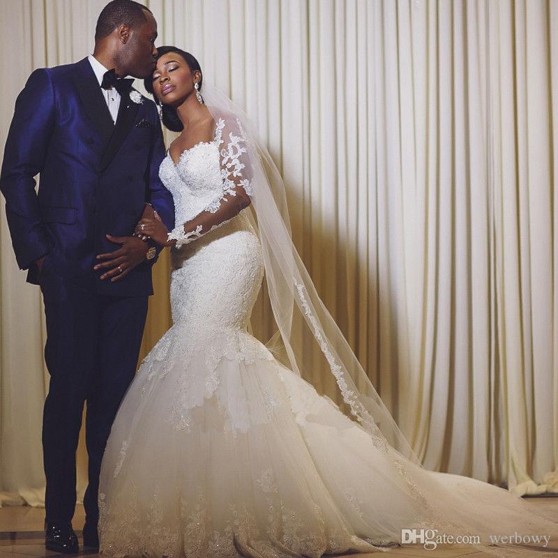 African Plus Size Wedding Dress Off The Shoulder Long Sleeves Lace Appliques Lace Custom Made Mermaid Wedding Gowns Bridal Dress