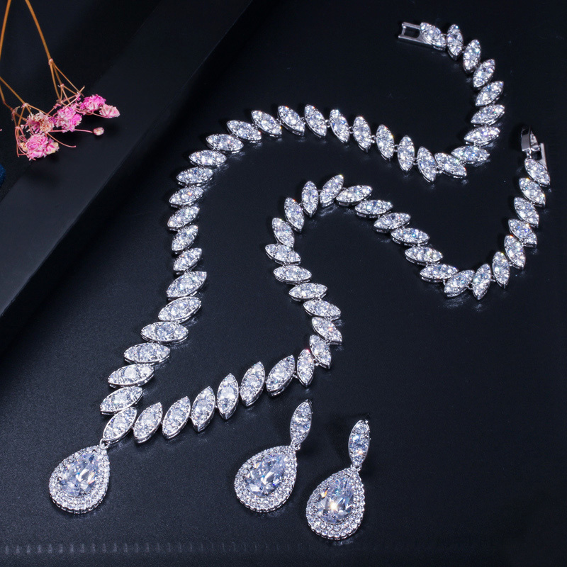 CWWZircons High Quality Cubic Zirconia Wedding Necklace and Earrings Crystal Bridal Jewelry Sets for Bridesmaids T109 CX200808