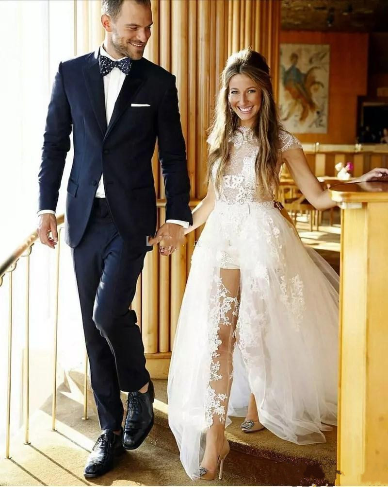 illusion jumpsuits wedding dresses with detachable train lace appliques cap sleeves tulle overskirt with pocket bridal gowns