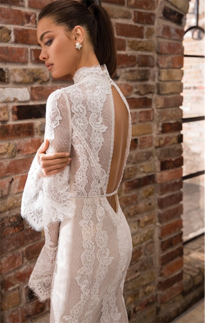 elihav sasson side split wedding dresses high neck long sleeve mermaid bridal gowns full lace open back sexy wedding dress