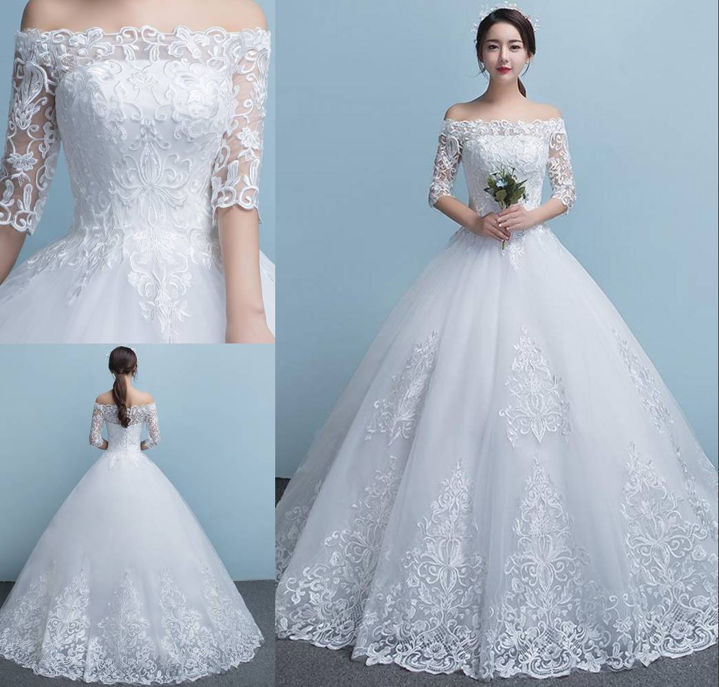 Vintage White Lace A-line Wedding Dresses Off The Shoulder Half Sleeve Lace-up Back Floor Length Custom Made Plus Size Bridal Gowns