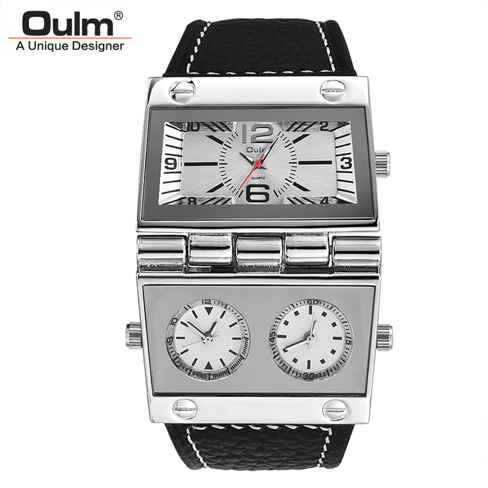 New Men Dual Display Sports Watches Oulm Men Watch Big Size Fashion Outdoor Clock Pu Leather Quartz Watch Relogio Masculino Y19051503