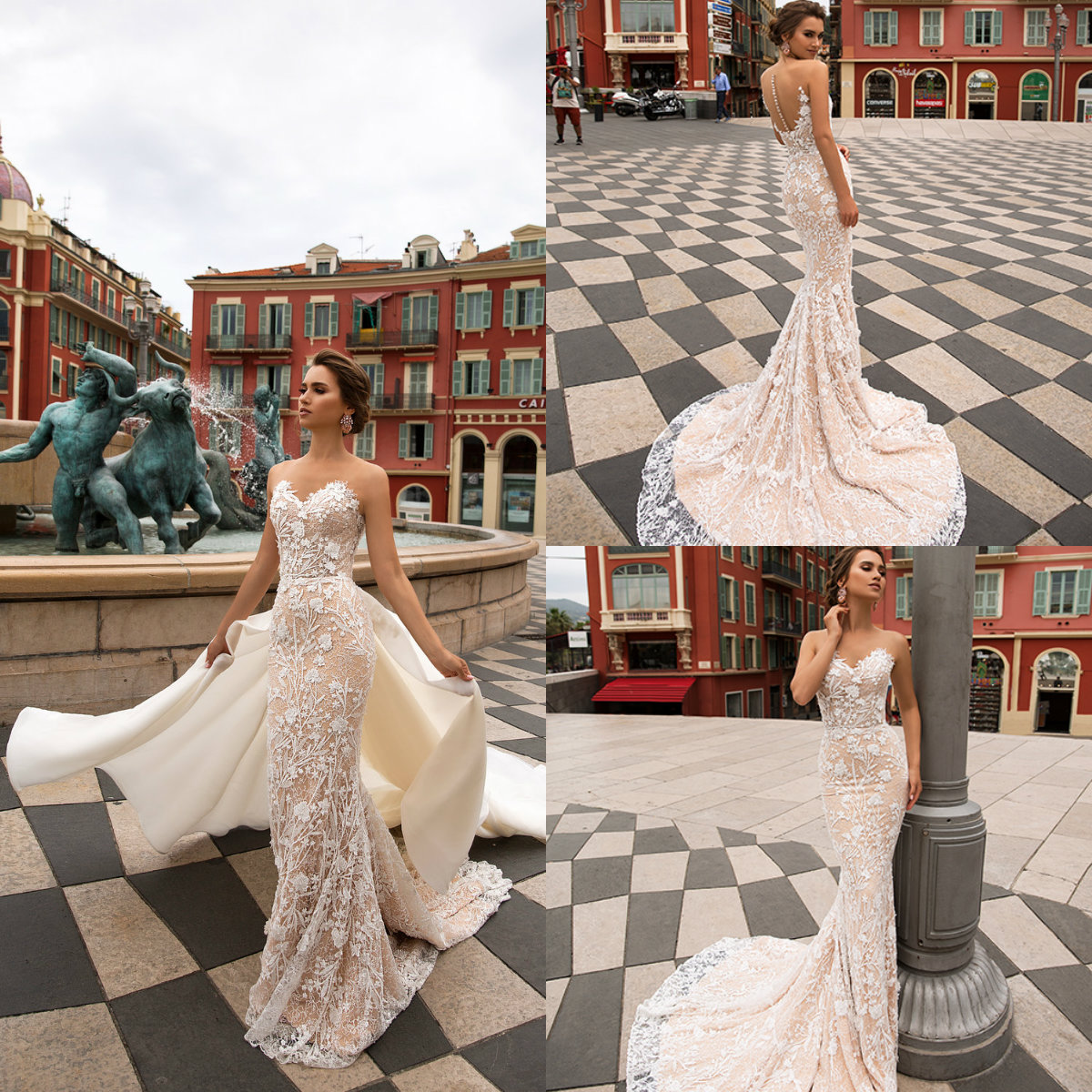 Champagne Wedding Dresses with Detachable Train Sweetheart Lace Appliqued Luxury Mermaid Wedding Dress Sweep Train Beach Boho Bridal Gowns