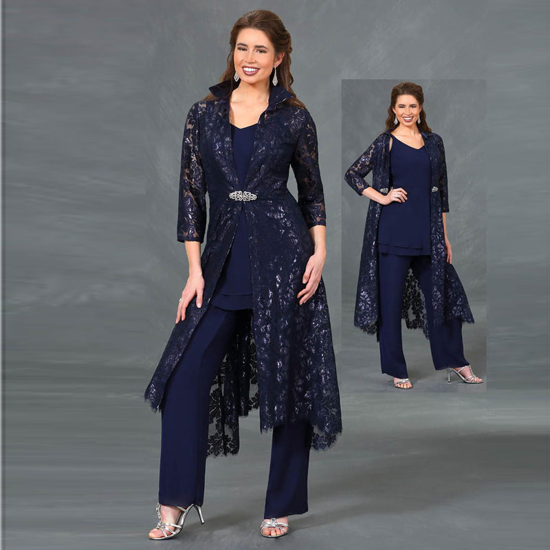 Navy Blue Lace Mother Of The Bride Pant Suits V Neck With Long Jackets Wedding Guest Dress Plus Size Chiffon Mothers Groom Dresses