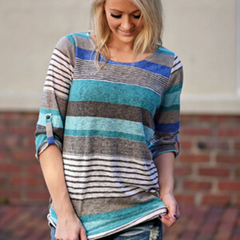 2016 Casual Women Fashion Loose Crewneck Cotton Tops Lady Long Sleeve Striped T Shirt Clothes, Blue
2016 Casual Women Fashion Loose Crewneck Cotton Tops Lady Long Sleeve Striped T Shirt Clothes, Blue