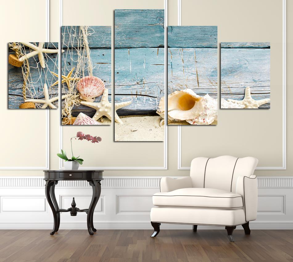 5pcs No Frame Canvas Painting Seashells and Starfishes Beach Wall Art Picture Office Artwork Home Decor