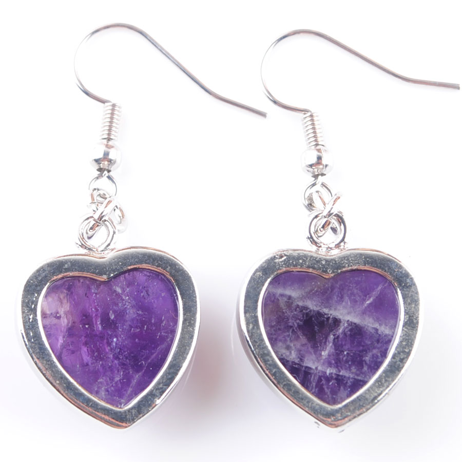 WOJIAER Natural Amethyst Stones Dangle Earrings Love Heart Shape Bead Pendant Drop Earring Wedding Jewelry for Women Girls R3186