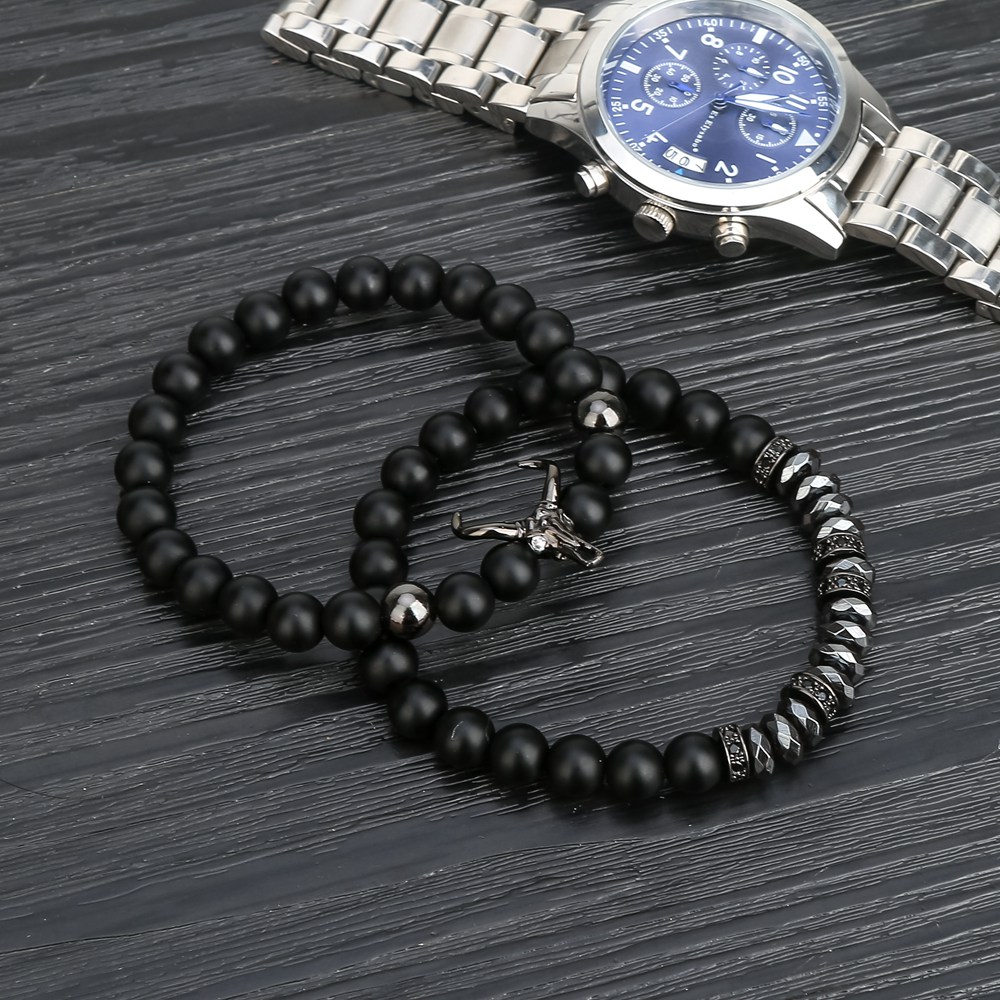 Bead Bracelets for Men Charm Black Bull Matte Onyx Stone Bangle Fashion 8MM Charm Ox Head Bracelets & Bangles Jewelry