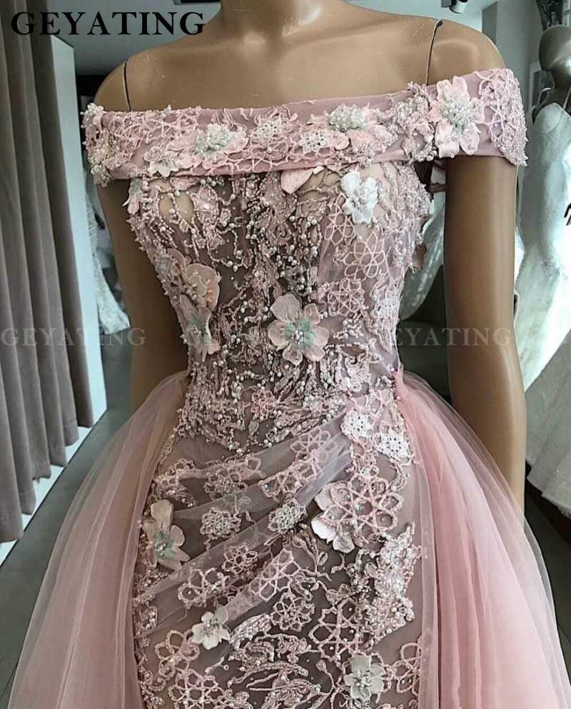 Elegant Pink 3D Flower Lace Mermaid Evening Dress With Removable Train Off Shoulder Pearls Side Split Prom Gowns Formal Dresses