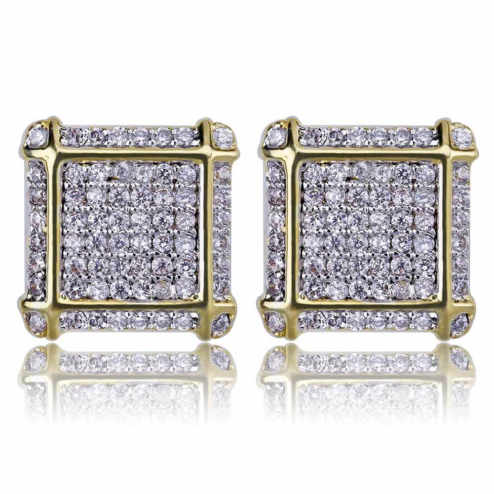 Hip Hop Square Stud Earrings Screw Back Bling Full White Zircon Earrings Gold Plated Vintage Geometric Jewelry