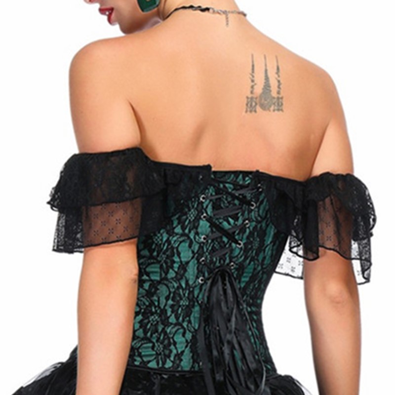 Women Push up Bra Overbust Corset Top with Dots Lace Mesh Sleeves and Black Lace Overlay Details Everyday Outwear Fashion Lace-up Shapewear