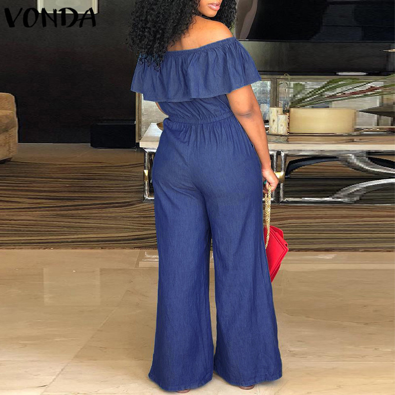 Denim Rompers Womens Jumpsuit 2019 VONDA Summer Sexy Slash Neck Off Shoulder Ruffles Playsuits Overalls Plus Size Wide Leg Pants T200107