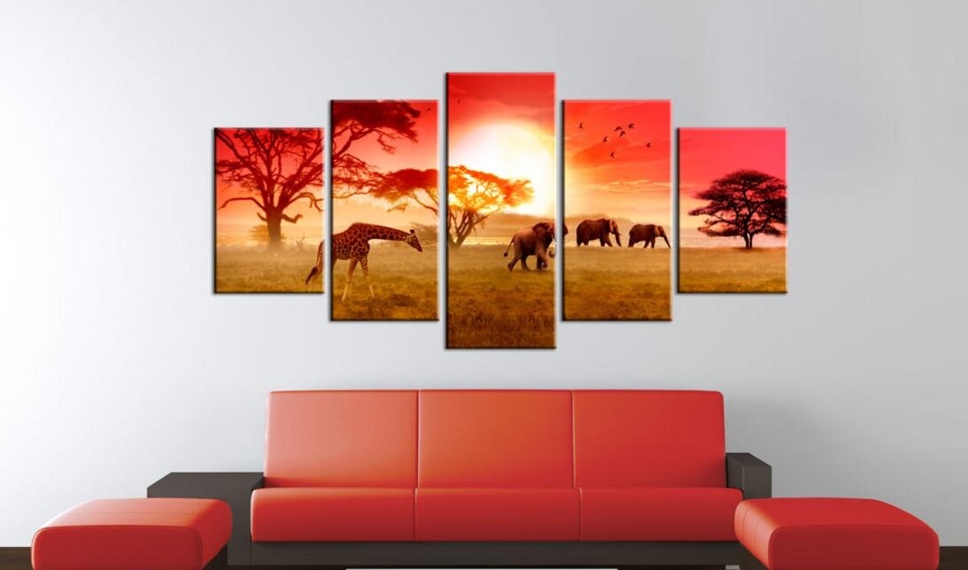 ( No Frame)5PCS/Set Color of Africa Elephant Giraffe Art Print Frameless Canvas Painting Wall Picture Home Decoration